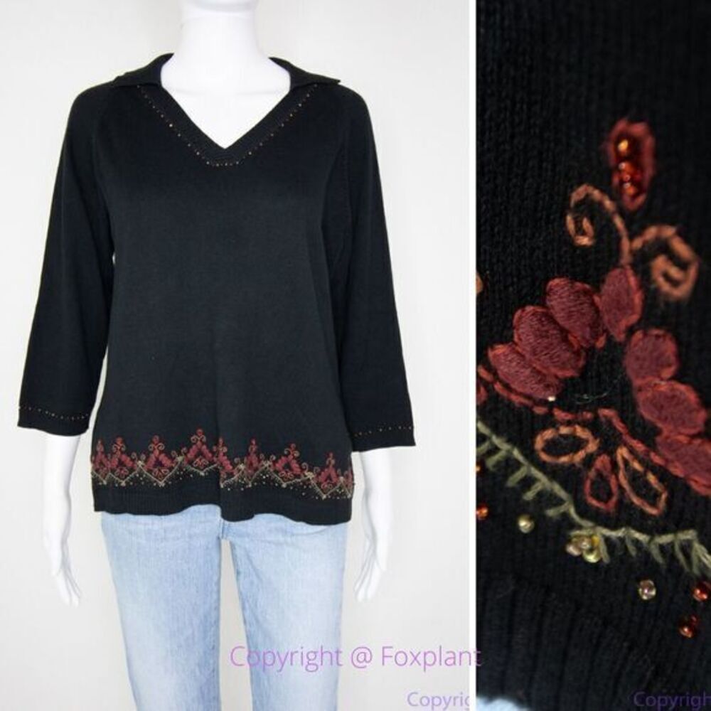Susan Bristol 100% cotton beaded floral embroidered black sweater, L